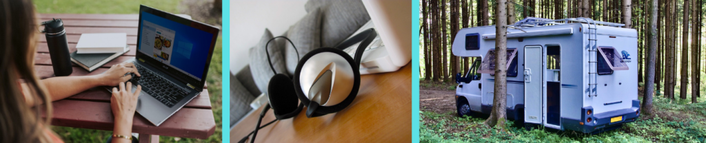 Image of RV, headphones, person using laptop on picnic table