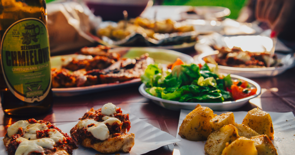 Image of plates of food and wine on table